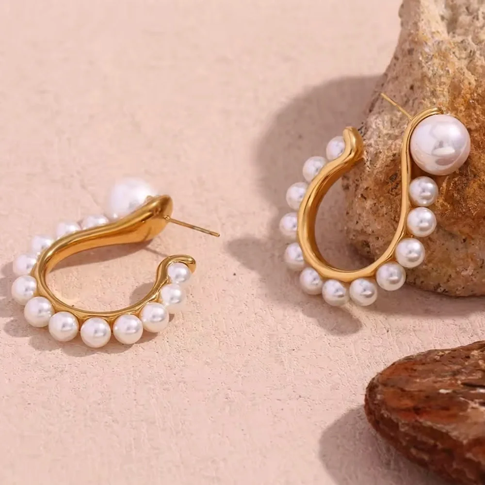 Pearl Question Mark Earrings 18K Gold Plated 
Jewelry Stainless Steel - Picture 7 of 12